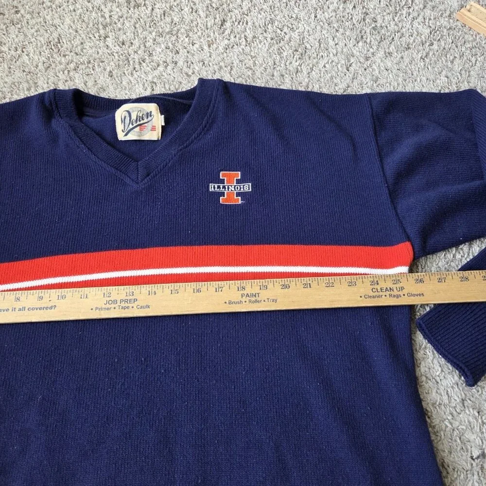 VINTAGE Fighting Illini Sweater Mens 2XL Dehen Blue V Neck Acrylic Long Sleeve